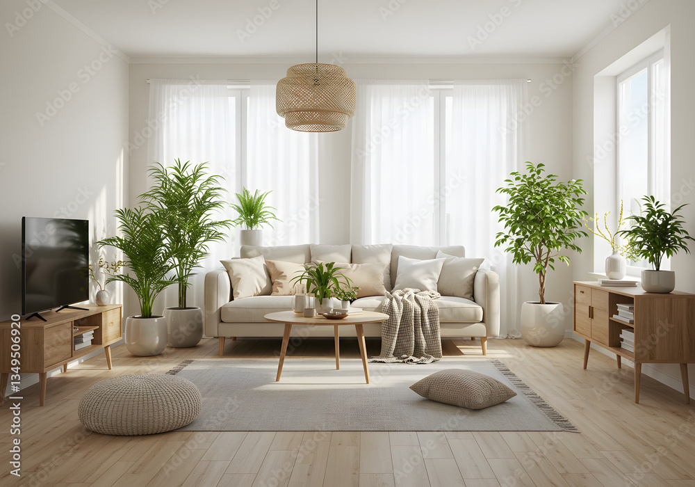 Fototapeta premium Bright, cozy living room with natural light, lush plants, and soft textures, creating an inviting modern sanctuary.