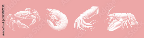 Trendy collection of sea shrimp, squid, crab, lobster halftone effect. Vector illustration cover, poster, banner vintage style, pastel colors.