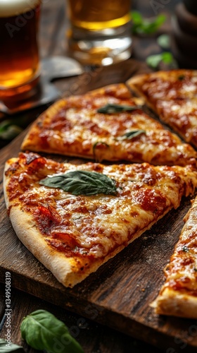 Wallpaper Mural Freshly baked pizza slices topped with basil on a wooden serving board in a cozy restaurant setting Torontodigital.ca