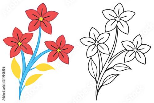 Colorful Flower Bouquet Illustration with Coloring Page Version Simple Floral Design for Kids and Adults