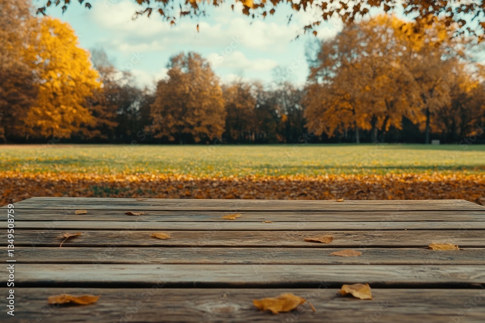 Autumnal setting with wooden bench overlooking park. Leaves covering the ground signify seasonal transition to winter. Autumnal setting with wooden bench overlooking park. Leaves covering the ground signify seasonal transition to winter.