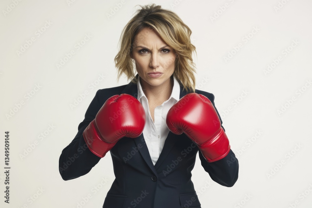 Businesswoman in a suit wearing red boxing gloves, ready to fight. Businesswoman in a suit wearing red boxing gloves, ready to fight.