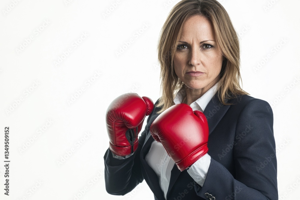 A determined businesswoman, wearing boxing gloves, projects strength and readiness to face challenges. A determined businesswoman, wearing boxing gloves, projects strength and readiness to face challenges.