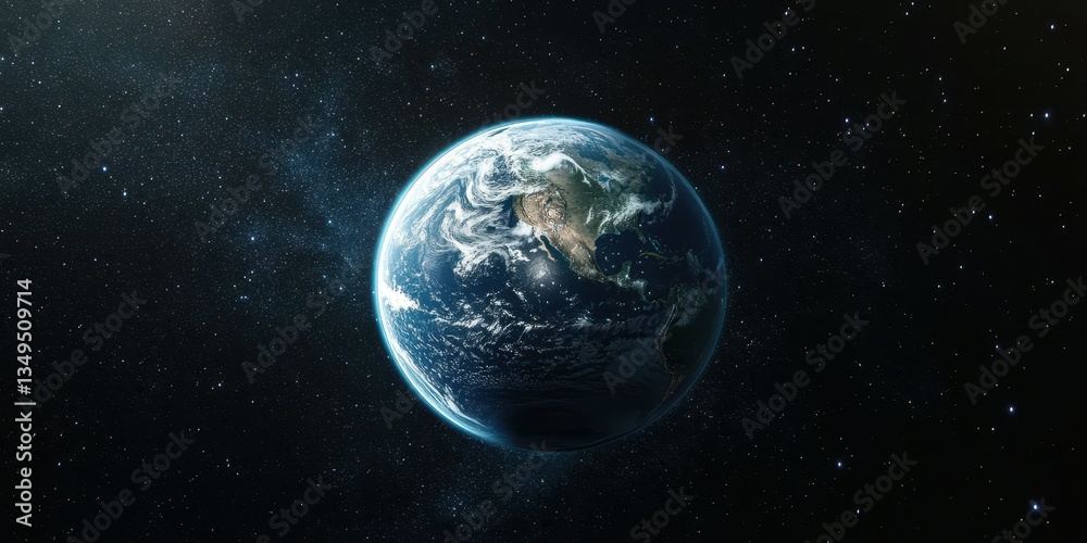 Stunning view of Earth floating in the cosmos showcasing oceans and landmasses illuminated by distant stars