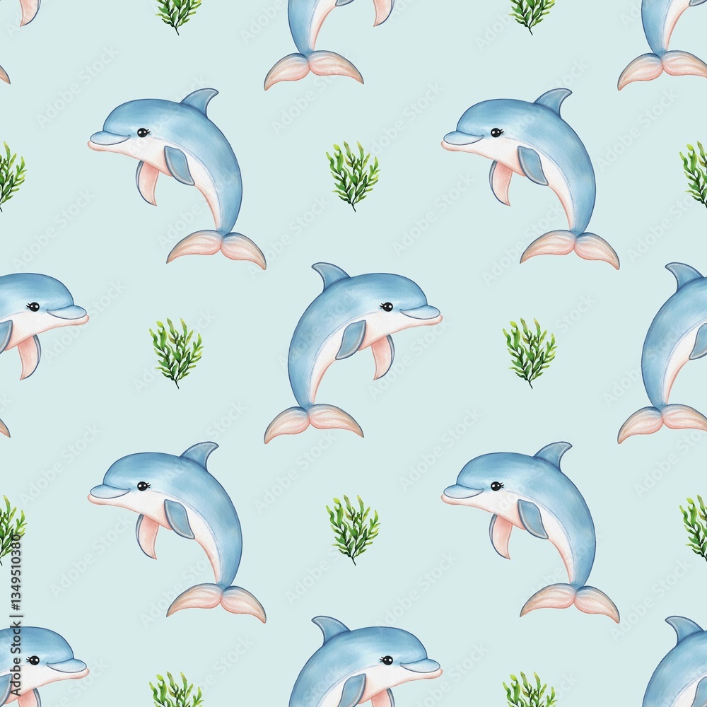 A seamless watercolor glitter pattern featuring playful dolphins swimming among green seaweed on a light blue background. The dolphins are illustrated in a cute, cartoonish style.