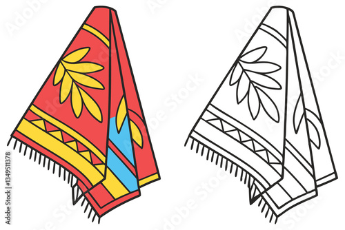 Colorful Folded Poncho or Blanket with Geometric and Floral Patterns  A Coloring Page Illustration