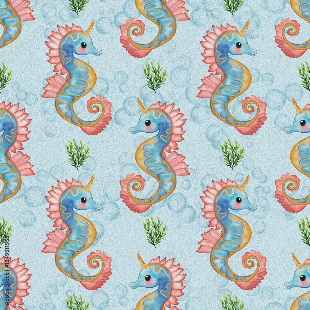Obraz premium A whimsical watercolor glitter pattern featuring colorful seahorses with pink fins and blue bodies, surrounded by bubbles and green seaweed on a light blue background.