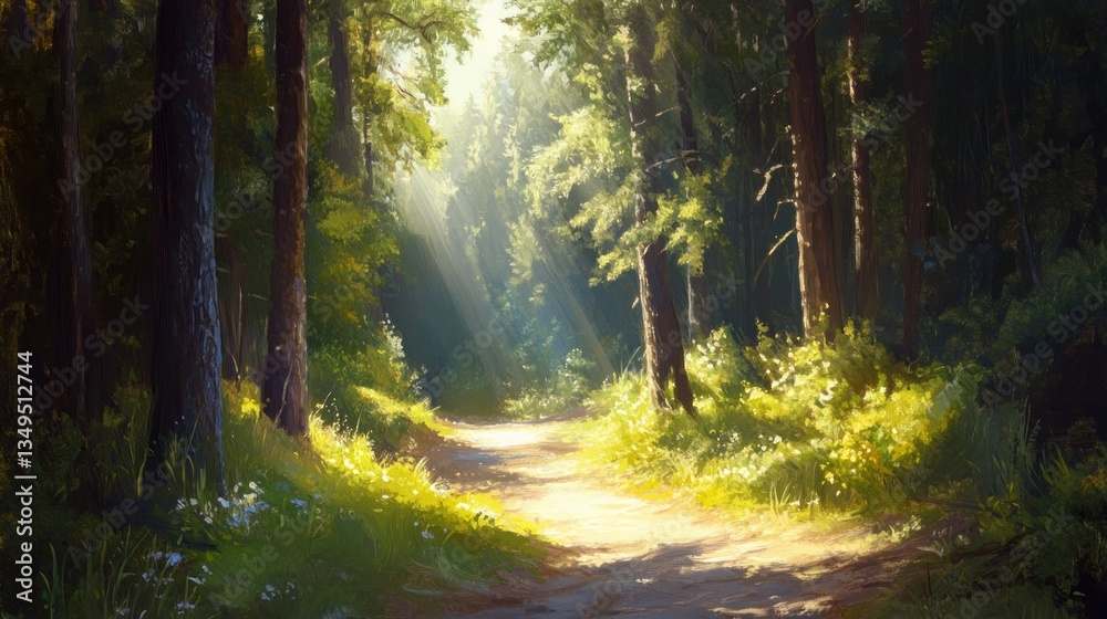 Fototapeta premium Sunlit forest path, vibrant greenery
