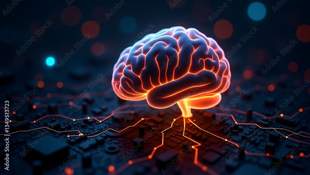 Glowing Brain Neural Network Digital Synapses Futuristic Orange and Blue Lights Dark Background Electrical Connections Intelligence Visualization Glowing Brain Neural Network Digital Synapses Futuristic Orange and Blue Lights Dark Background Electrical Connections Intelligence Visualization