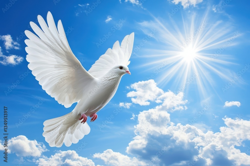 Sky background with white dove symbolizing peace and hope ideal for funeral services with space for text Sky background with white dove symbolizing peace and hope ideal for funeral services with space for text