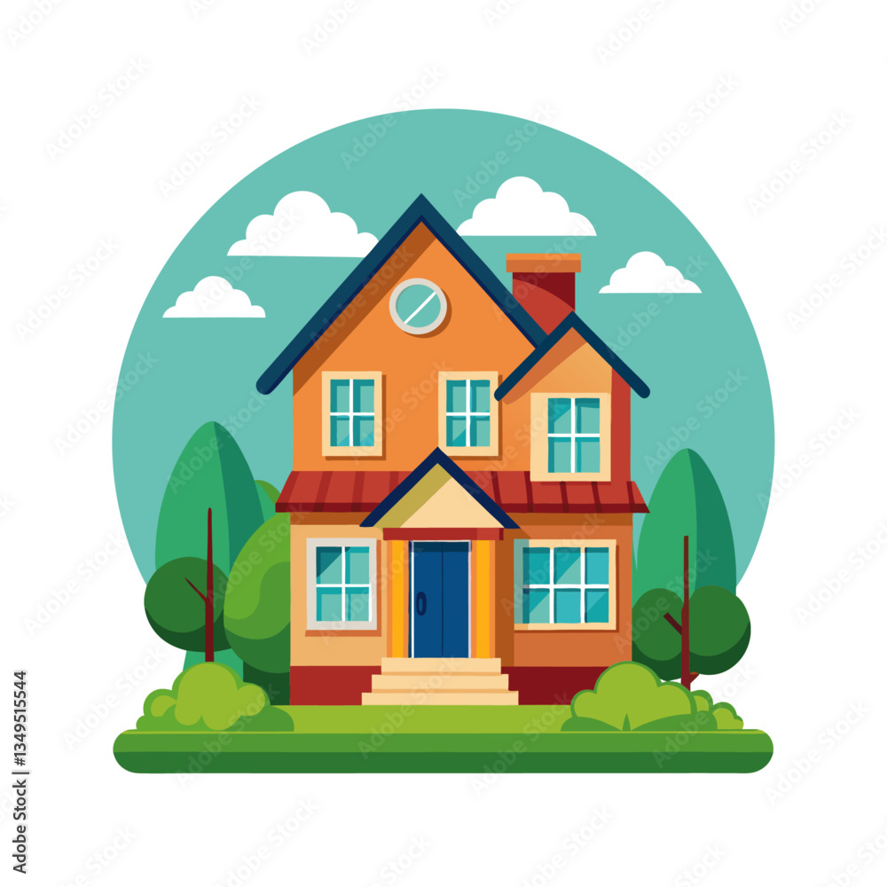 Fototapeta premium Colorful House Illustration, Suburban Home with Trees