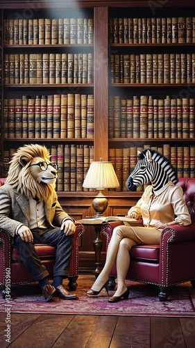 anthropomorphic lion at a reception at a psychologist's office zebras