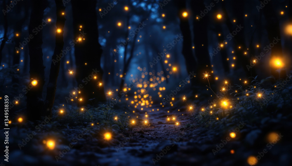 Naklejka premium Enchanted Forest Path: A Night of Fireflies