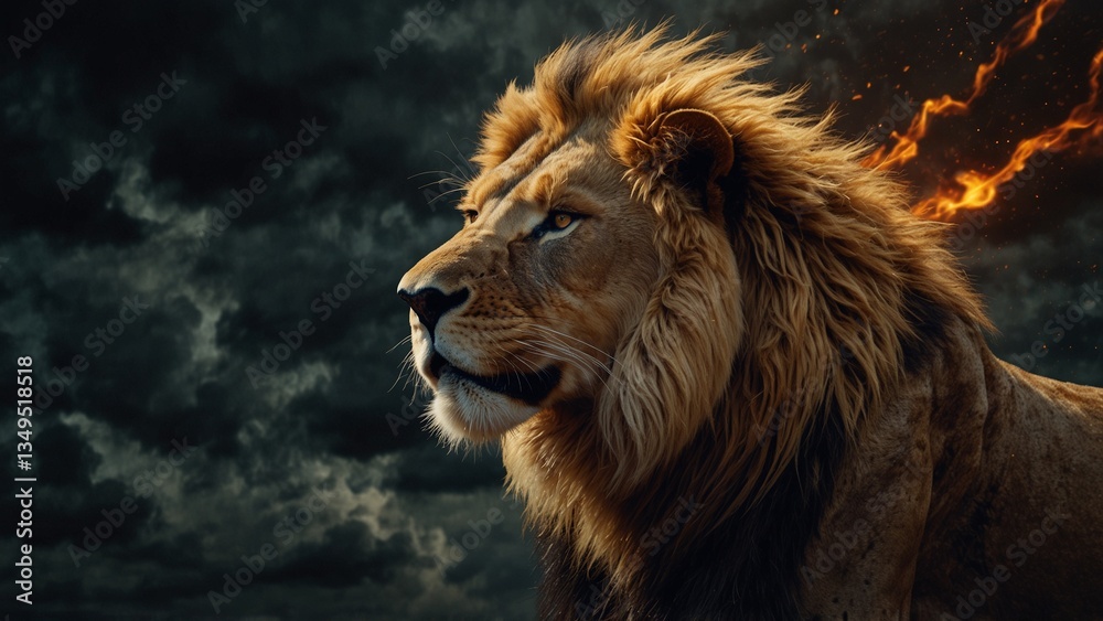 Fototapeta premium A digital artwork of a lion made of golden flames, roaring with a background of a dark and stormy sky.
