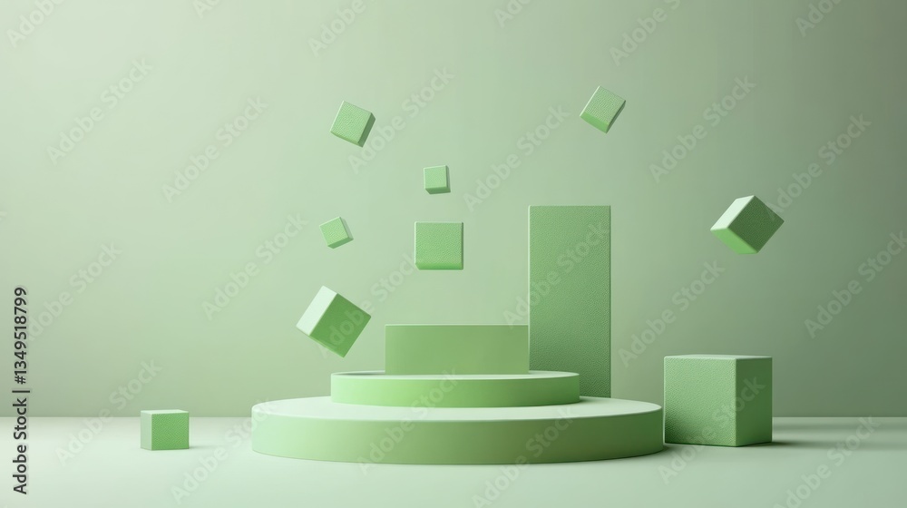 Minimalist light green 3D geometric shapes display podiums Minimalist light green 3D geometric shapes display podiums