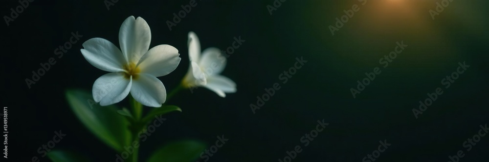 Fototapeta premium Small white flower on dark background with subtle light, glow, plant, white