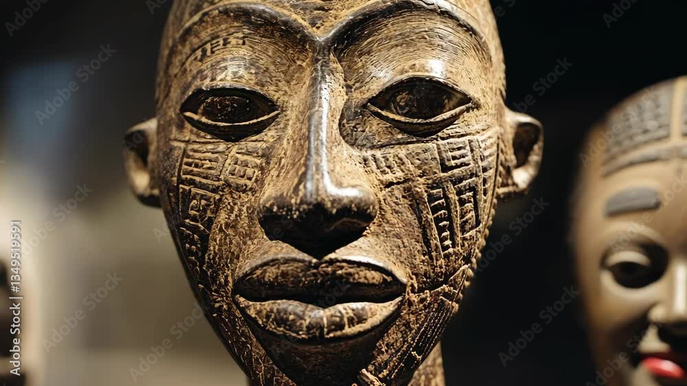 Intricate carvings on an African tribal mask displayed in an art exhibit showcasing cultural heritage