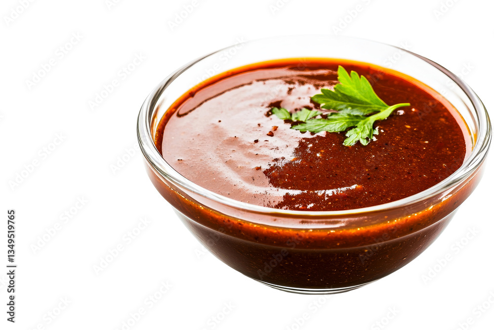 Appetizing barbecue sauce in glass bowl with parsley garnish, cut out transparent Appetizing barbecue sauce in glass bowl with parsley garnish, cut out transparent