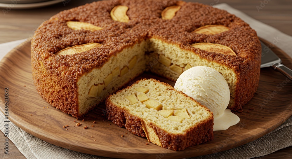 Serving Apple Cake with Vanilla Ice Cream on Wooden Plate Serving Apple Cake with Vanilla Ice Cream on Wooden Plate