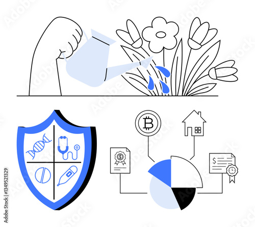 Arm holding watering can nurturing flowers, health shield protecting with medical symbols, financial and life icons linked to pie chart. Ideal for growth, protection, investment, wellbeing