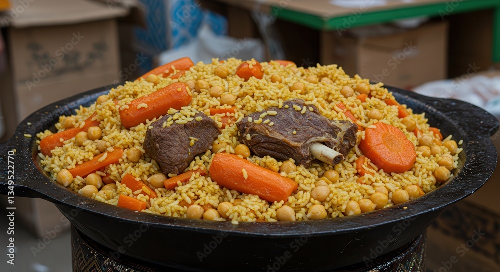 Obraz premium Preparing Large Pot of Pilaf with Meat and Vegetables