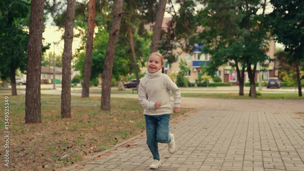 Happy little daughter hurries up to hug young father in autumn city park. Playful daughter runs into father embrace in urban park. Smiling active daughter meets father in city garden slow motion Happy little daughter hurries up to hug young father in autumn city park. Playful daughter runs into father embrace in urban park. Smiling active daughter meets father in city garden slow motion
