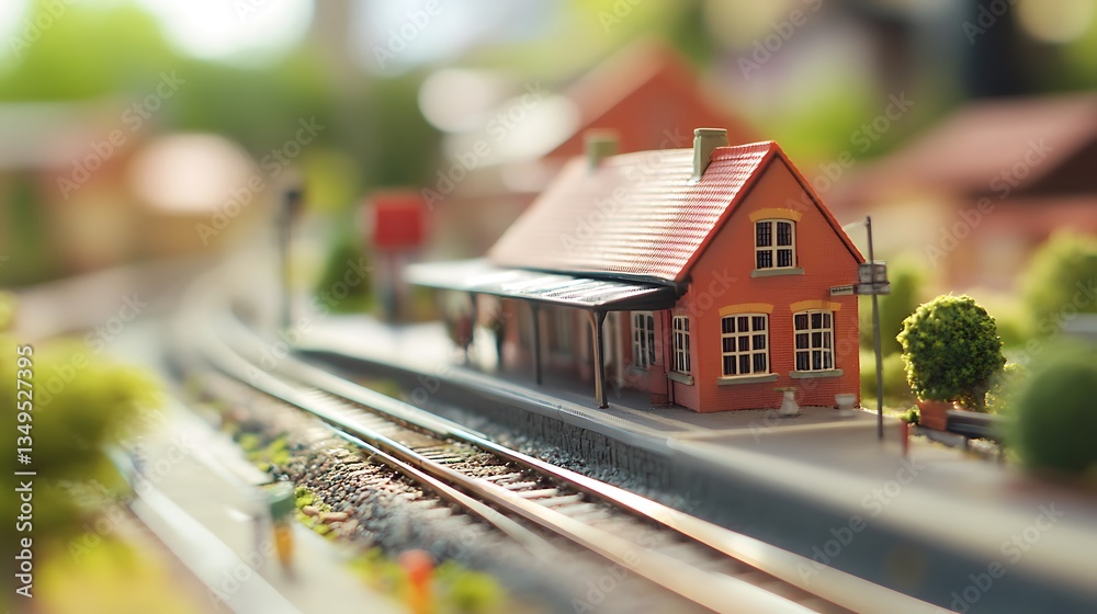 A Railway Station. Miniature Model. Placed on a table. Blurred office Backdrop A Railway Station. Miniature Model. Placed on a table. Blurred office Backdrop