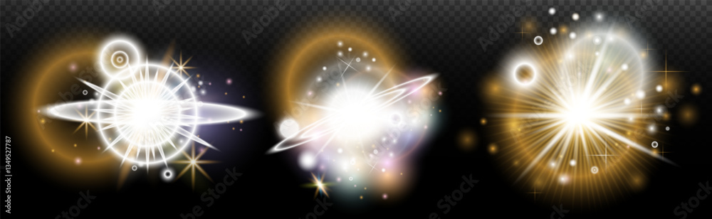 Fototapeta premium Set of flash light effect with glare and glow on a transparent background. Magic, rainbow glow, shining light, stars, optical flares for design, photomontage, New Year and holiday projects.