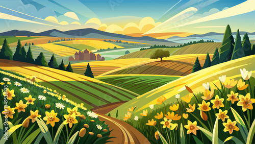 Countryside landscape with vast daffodil fields, Panoramic view of yellow blooms extending to the horizon