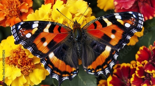Butterfly resting on marigolds, garden, floral background, nature