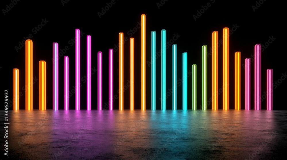Obraz premium Voice pitch clarity concept. Neon light bars create a vibrant, colorful visual display on a dark background.