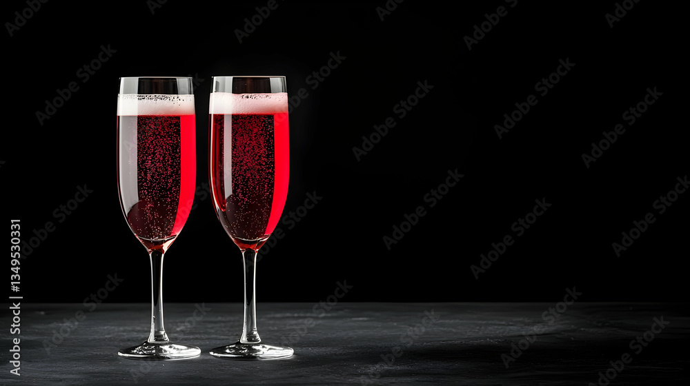 Two Sparkling Red Champagne Flutes On Dark Background