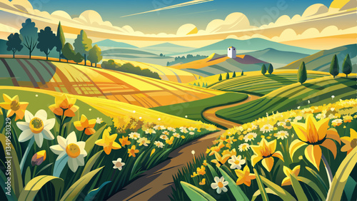 Countryside landscape with vast daffodil fields, Panoramic view of yellow blooms extending to the horizon