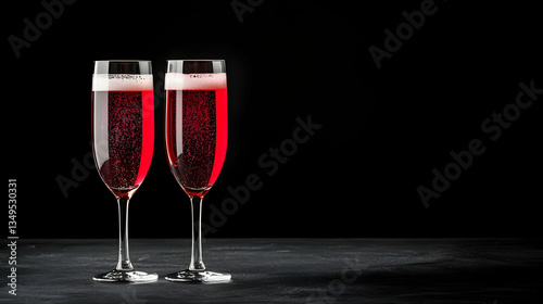 Obraz na płótnie Two Sparkling Red Champagne Flutes On Dark Background w salonie