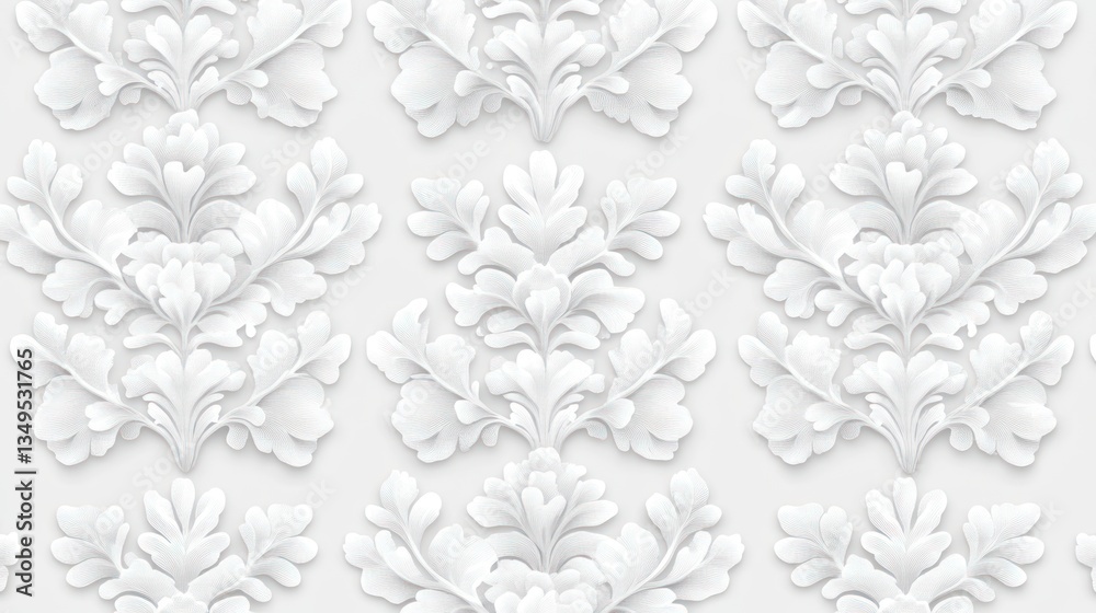 Repeating pattern featuring stylized leaves of a monochromatic white Repeating pattern featuring stylized leaves of a monochromatic white
