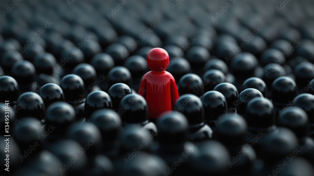 Red figure standing out from crowd of black figures concept of individuality and uniqueness in darkness Red figure standing out from crowd of black figures concept of individuality and uniqueness in darkness