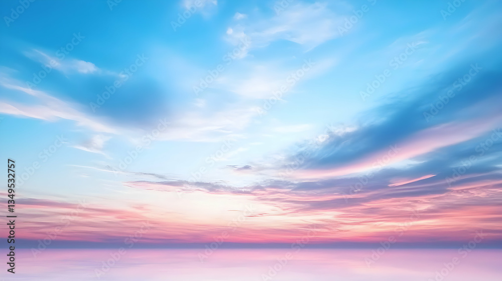 Obraz premium Panoramic view of the sky during sunset with blue hues above pink reflecting on a water surface