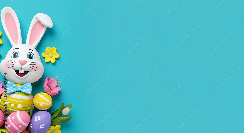 Fototapeta premium Easter Bunny and Colorful Eggs on a Blue Background