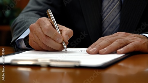A business professional signing an important business contract in an office setting