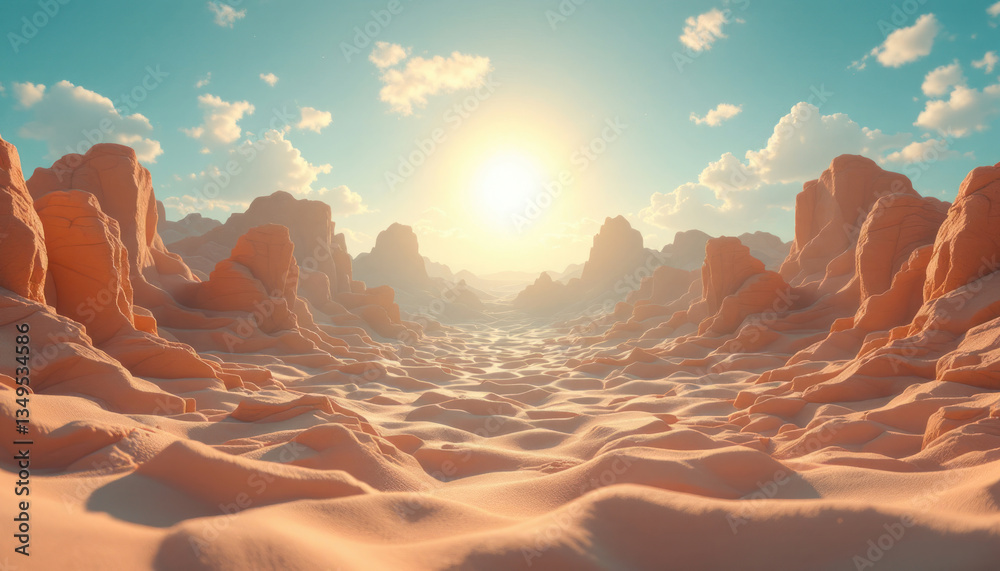 Naklejka premium Sunset over a surreal sandy desert landscape with orange rocks and mountains under a bright sky