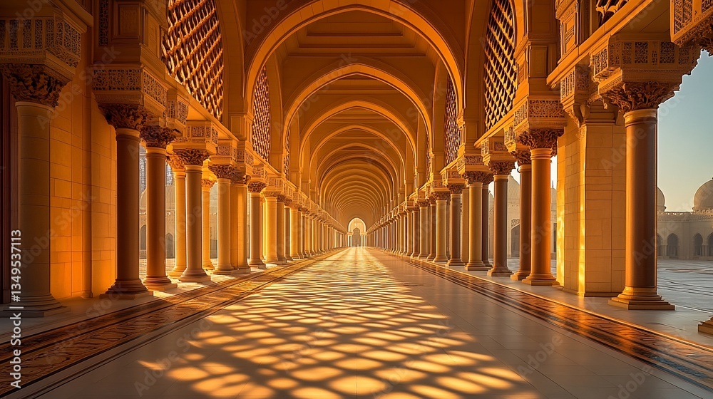 Obraz premium Sunlit colonnaded hallway, intricate architecture, warm tones