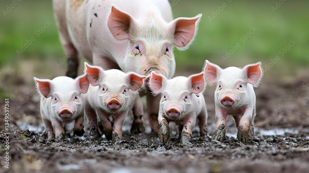 Mother Pig With Piglets In Mud Mother Pig With Piglets In Mud