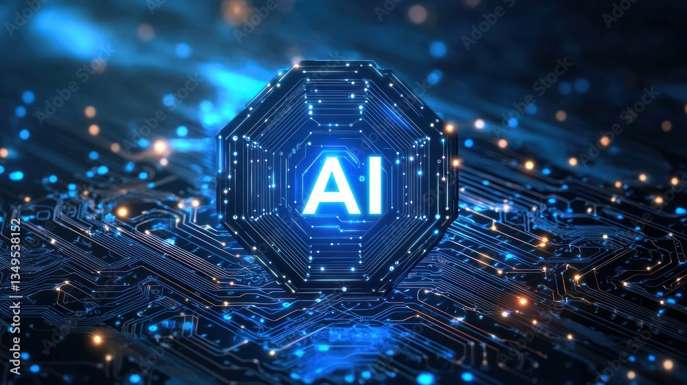 Obraz premium Futuristic Digital Circuit Background with AI Symbol in Blue Glow
