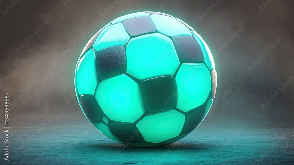 Naklejka premium A glowing green soccer ball in a mysterious atmosphere is shown