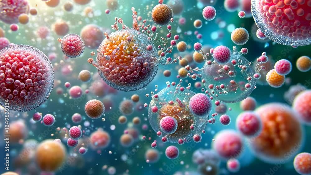 Colorful microscopic cells in a dynamic environment showcasing biological activity and diversity Colorful microscopic cells in a dynamic environment showcasing biological activity and diversity