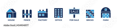 Property Solutions Icons set vector illustration with HOUSE, FENCE, FACTORY, OFFICE, FOR SALE, BRICKS, FARM