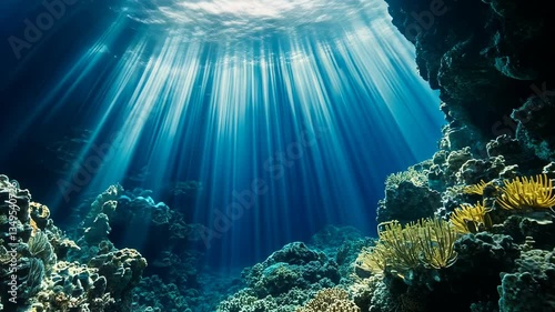 Sunlight streams through clear water above vibrant coral reefs in a diverse underwater environment