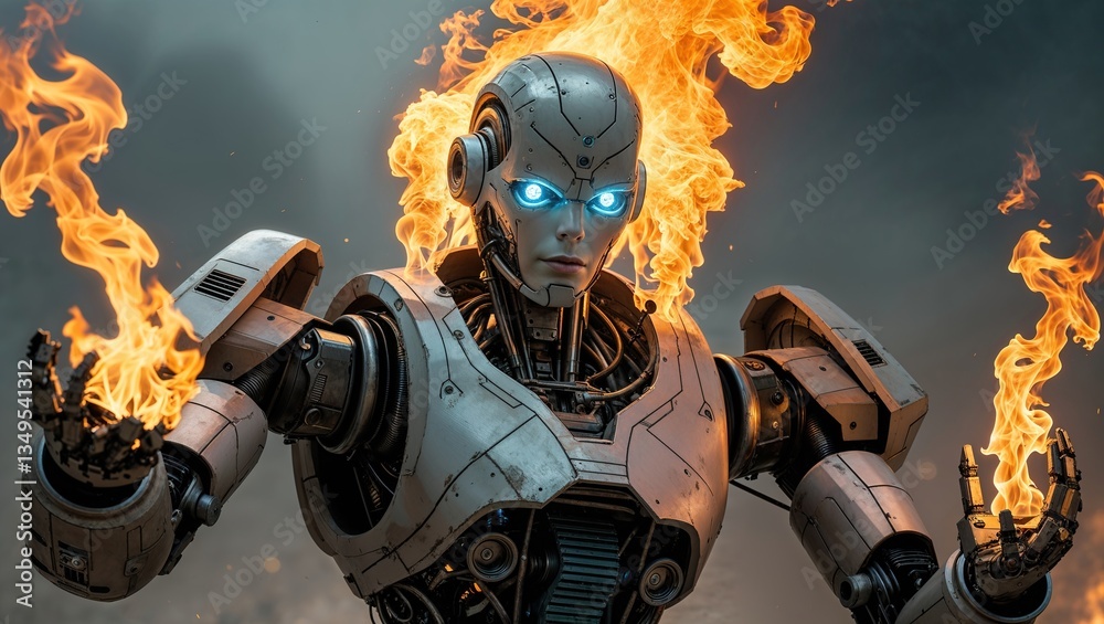 A robotic figure stands confidently amidst a smoky backdrop, showcasing vibrant blue eyes and flames shooting from its hands. The atmosphere is intense and captivating A robotic figure stands confidently amidst a smoky backdrop, showcasing vibrant blue eyes and flames shooting from its hands. The atmosphere is intense and captivating