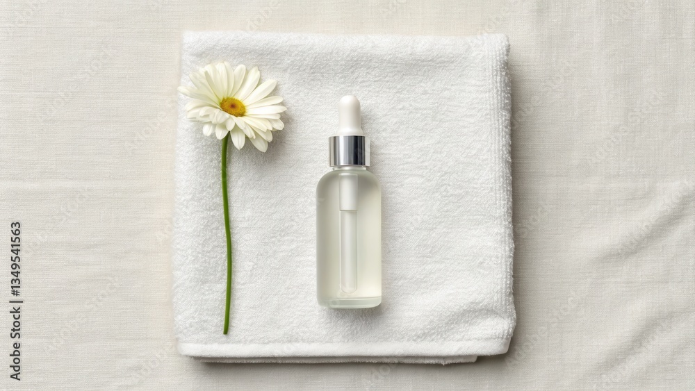 Serene flat lay of a skincare serum and a daisy on a towel. Serene flat lay of a skincare serum and a daisy on a towel.
