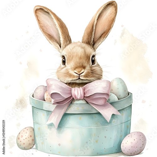 Cute Easter rabbit in a pastel basket with eggs